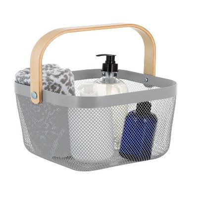 Gray Mesh Rectangular Storage Box with Bamboo Handle