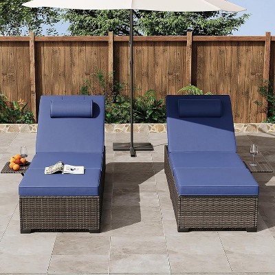 Outdoor Patio Chaise Lounge Chairs Set of 2, PE Rattan Wicker Pool Garden Lounger with Adjustable Backrest, Cushion, Cup Holder, Brown-Blue