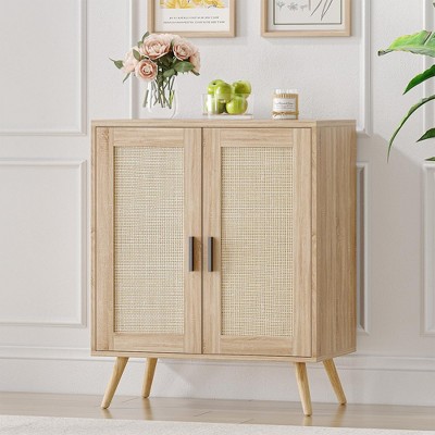 Buffet Cabinet with Storage, Sideboard with Rattan Decorated Doors,Accent Cabinet with Solid Wood Feet