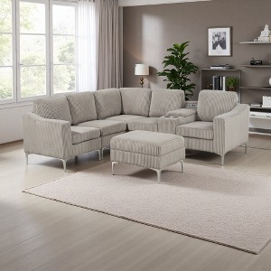 95.67" Corduroy Convertible Modular Sectional Sofa with Storage Ottoman, Console & USB Ports - 1 of 2
