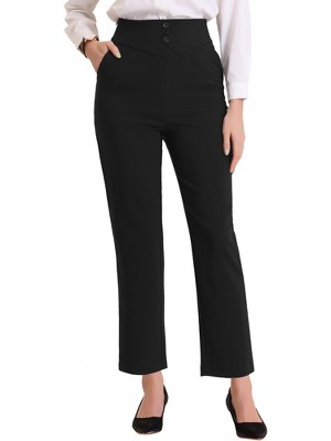 Allegra K Women's Business High Waist Elastic Waist Back Button Decor Straight Leg Pants