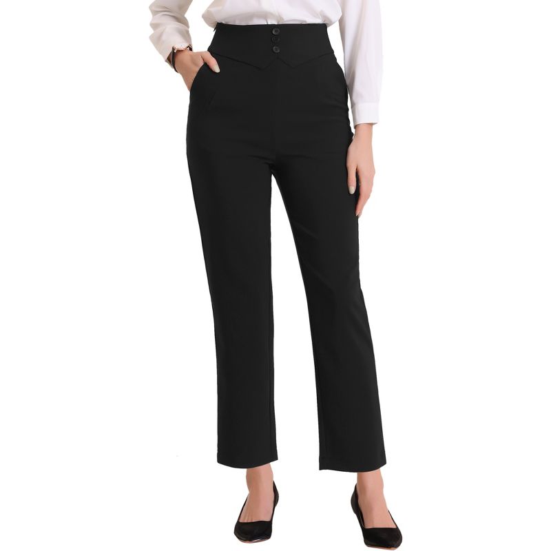 Allegra K Women's Business High Waist Elastic Waist Back Button Decor Straight Leg Pants, 1 of 6