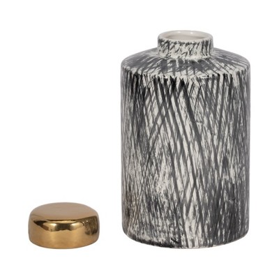 10" Black and White Ceramic Ginger Jar with Gold Lid