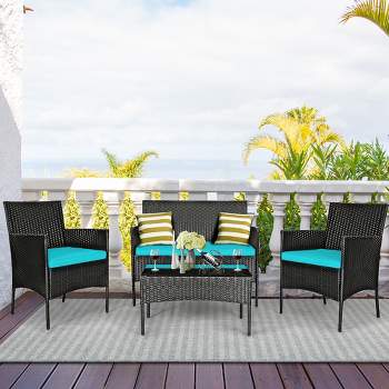 Costway 4PCS Patio Rattan Furniture Set Cushioned Sofa Coffee Table Backyard Turquoise/Red/White/Grey/Navy