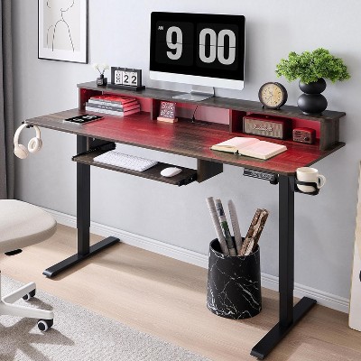 SinCiDo Height Adjustable Electric Standing Desk with Charging Station, 60" Sit Stand Up Computer Home Office Desk with LED Lights, Dark Rustic Oak