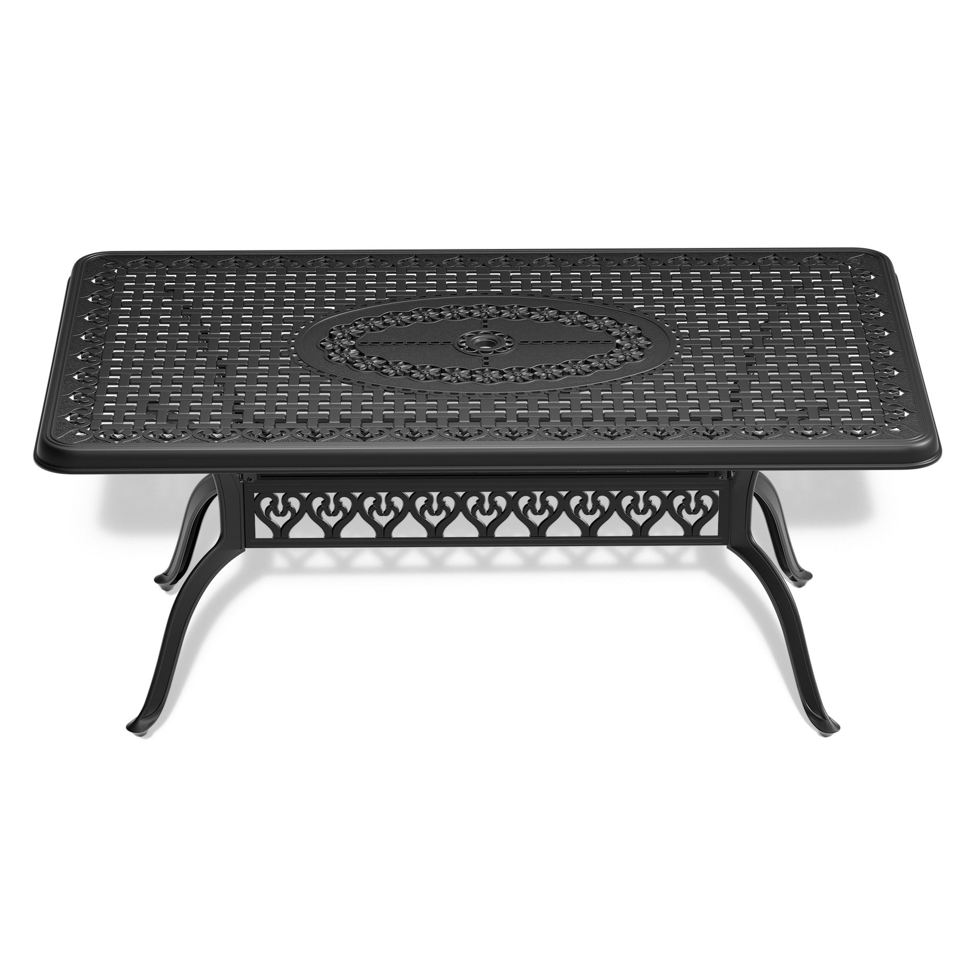 Cast Aluminum Patio Rectangular Dining Table with Black Frame & Umbrella Hole