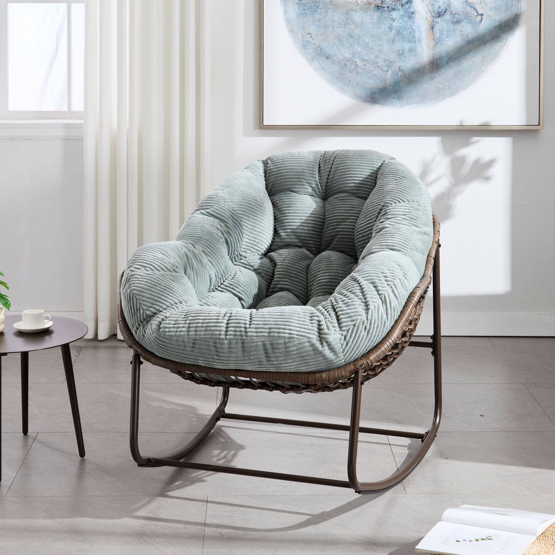 ORRD Outdoor Rattan Rocking Chair with Padded Cushion - Light Green Recliner Rocker for Patio & Garden