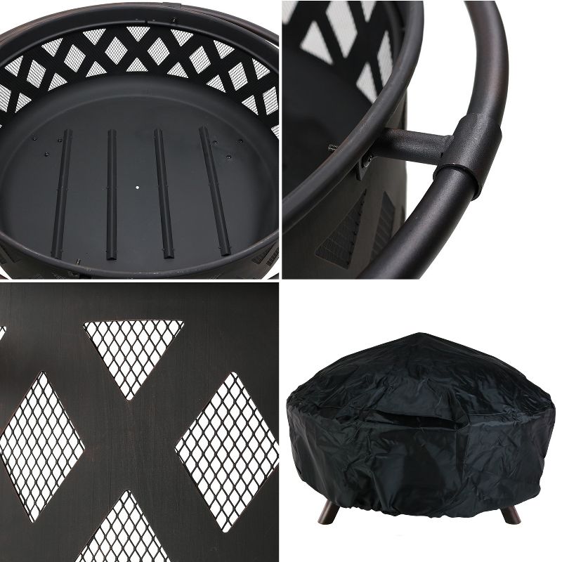 Sunnydaze Crossweave Heavy-Duty Steel Outdoor Fire Pit with Spark Screen, Poker, Grill, and Cover - Black, 4 of 13