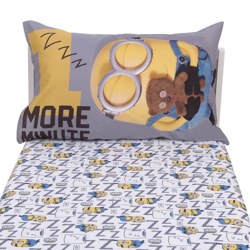 Illumination Lazy Minions Club Gray, Blue, Yellow, and White Let Me Sleep 2 Piece Toddler Sheet Set - Fitted Bottom Sheet, Reversible Pillowcase, 5 of 7