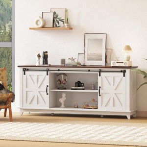 66" Farmhouse TV Stand for 75" TVs, Media Console with Sliding Barn Doors, Adjustable Shelf & Charging Station - 1 of 4