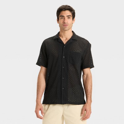 Men's Casual Fit Short Sleeve Open Weave Camp Collar Button Down Shirt - Goodfellow & Co™ Black