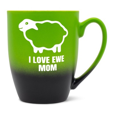 Elanze Designs Mother's Day Appreciation Coffee Cup Mug 12 Ounce Ceramic With Ombre Gradient Sheep Love Ewe Mom Green and Black