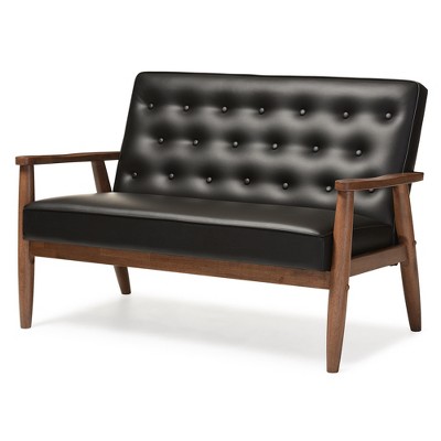 Sorrento Mid-Century Retro Modern Faux Leather Upholstered Wooden 2 Seater Loveseat - Black - Baxton Studio: Danish Design, Rubberwood Legs