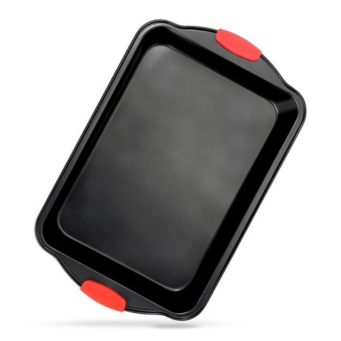 NutriChef 17 Non-Stick Baking Pan, Black Carbon Steel Bake Pan with Red  Silicone Handles
