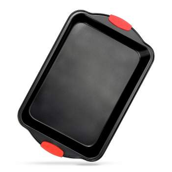 NutriChef 17" Non-Stick Baking Pan, Black Carbon Steel Bake Pan with Red Silicone Handles