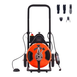 VEVOR Drain Cleaner Machine 100 FT x 1/2 Inch, Sewer Auger Auto Feed with 4 Cutter & Air-activated Foot Switch for 1" to 4" Pipes, Orange, Black - 1 of 4