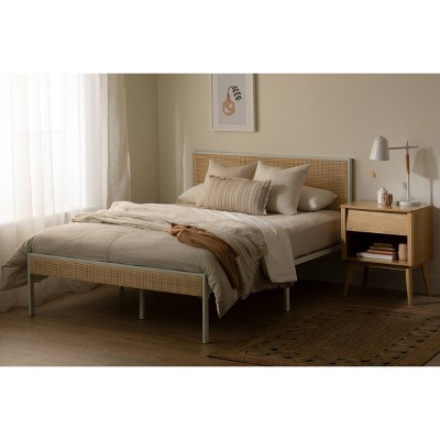 Queen White Metal Platform Bed with Natural Cane Headboard and Wood Slats
