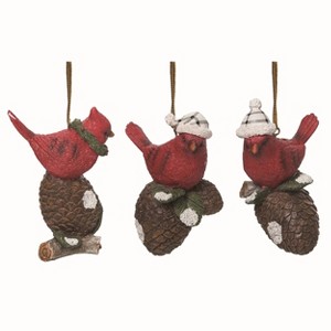 Transpac Resin Red Christmas Cardinal on Pinecone Ornaments Set of 3 - 1 of 2