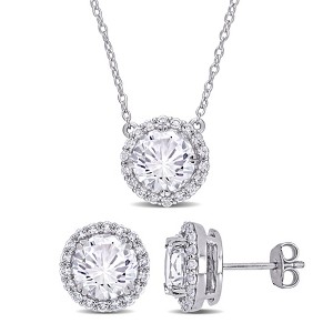 EVERLY JEWELRY | Sterling Silver 8 1/3 CT TGW Created White Sapphire Halo Stud Earrings & Necklace Set - 18 in - 1 of 3
