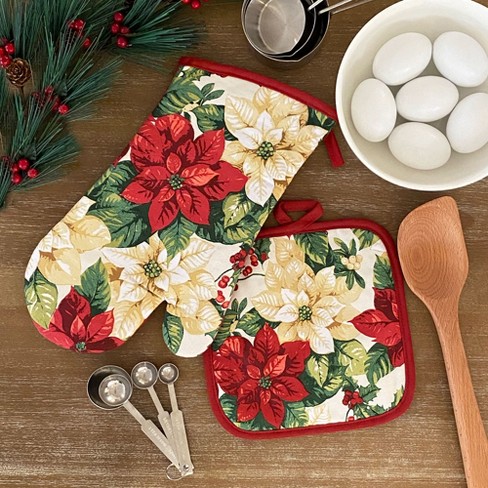5 Piece Kitchen Set Christmas Poinsettia Towel Oven Mitt Pot Holder Floral 