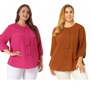 Women's Plus Size 2 Pieces 3/4 Sleeves Round Neck Ruffle Chiffon Work Blouse - Agnes Orinda - 1 of 4