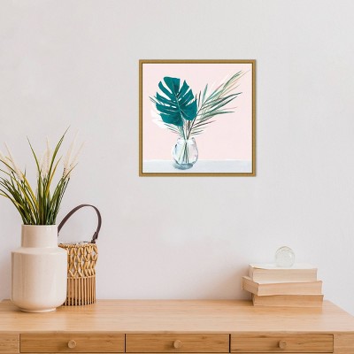 Tropical Green Leaves on Pink Canvas Wall Art with Gold Frame