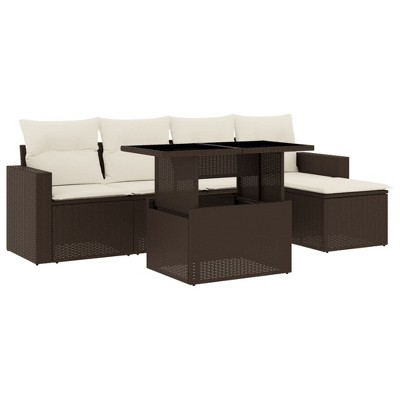vidaXL 6 Piece Patio Sofa Set with Cushions Brown and Cream Poly Rattan - Without Storage
