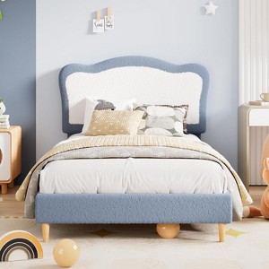 GAOMON Upholstered Bed Frame for Kids with Scallop Headboard, Cute Velvet Bed for Girls, Boys - 1 of 4