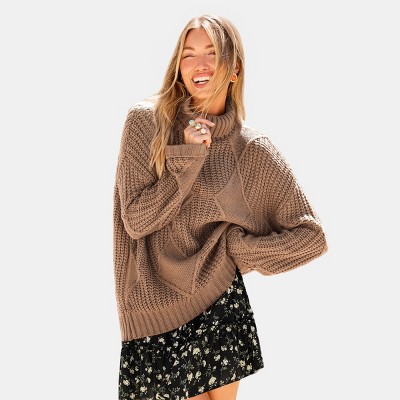 Women's Orange Cozy Diamond Knit Turtleneck Sweater - Cupshe