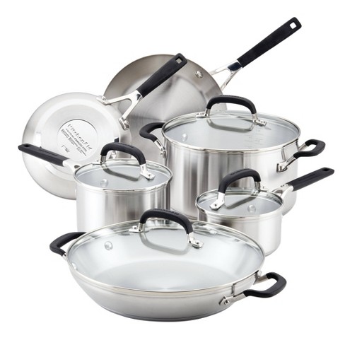 KitchenAid Stainless Steel 3-Layer Non-Stick 7 Piece Cookware Pots and Pans  Set, Clad, Induction, Oven Safe,Silver