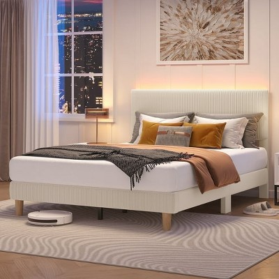 Bestier Corduroy Upholstered Queen Bed Frame with Adjustable Headboard, Platform Bed Frame with LED Light, Solid Wood Slats, No Box Spring Needed