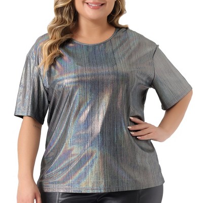Agnes Orinda Women's Plus Size Metallic Round Neck Short Sleeve Summer Carnival Party Blouses