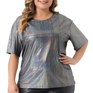 Agnes Orinda Women's Plus Size Metallic Round Neck Short Sleeve Summer Carnival Party Blouses - 1 of 4