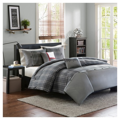 Gray Chet Plaid Print Button Multiple Piece Duvet Cover Set Twin