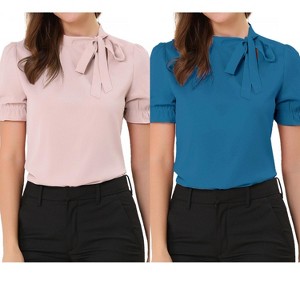 Allegra K Women's Elegant Bow Tie Neck Elastic Cuffs Office Short Sleeve Blouse 2 Pcs - 1 of 4