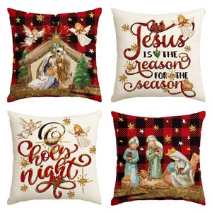 Set of 4 Christmas O Holy Night Jesus Cardinal Buffalo Plaid Throw Pillow Covers - 1 of 3