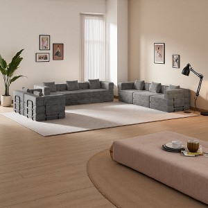 8-Seater Corduroy Fabric Folding Convertible Sofa Bed with Side Storage & Cushions - 1 of 4