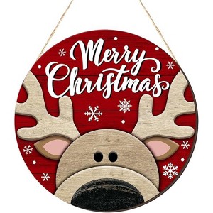 Lomsoe Christmas Reindeer Door Decor Christmas Wreath for Front Door Round Reindeer Wooden Hanging Sign Xmas Decor Christmas Sign Christmas Gift - 1 of 1