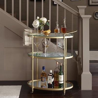 Vynxaria Bar Serving Carts, Gold Finish with Glass and Mirror Shelves, 32.25"W x 16"D x 36"H