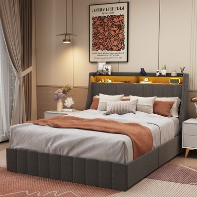 Queen Size Platform Bed Slat Support No Box Spring Needed Platform Bed Frame With LED Lighting 4 Under Of Bed Portable Storage Drawers