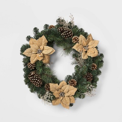 28in Christmas Burlap Poinsettia & Ornaments Artificial Pine Wreath - Wondershop™