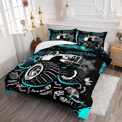 Acoinel 3 Pcs Monster Truck Lightwight Ultra Soft Comforter Set with 2 Pillowcases, QUEEN, Black