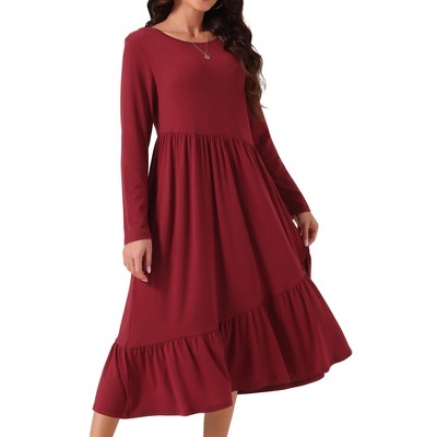Seta T Women's Fall Long Sleeve Crewneck Pleated Tiered Swing Midi Dress with Pockets