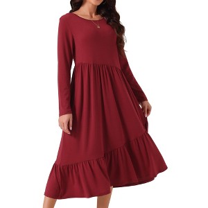 Seta T Women's Fall Long Sleeve Crewneck Pleated Tiered Swing Midi Dress with Pockets - 1 of 4