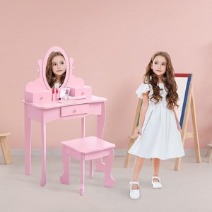 Kids Vanity Set with Adjustable Angle Mirror, Pretend Play Girls Vanity Table and Chair Set with Mirror, Stool, and Wood Makeup Playset - 1 of 4