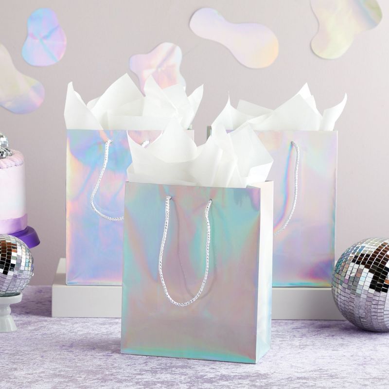 Sparkle and Bash 24 Pack Holographic Silver Gift Bags with Handles, 8x4x10 Inch for Wedding, Birthday, Retail, Small Business, Shopping, 2 of 9