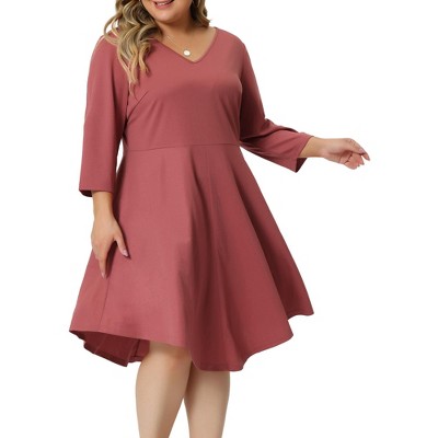 Agnes Orinda Women's Plus Size V Neck 3/4 Sleeve Casual Swing Loose A-line  Dresses Pink 1x : Target