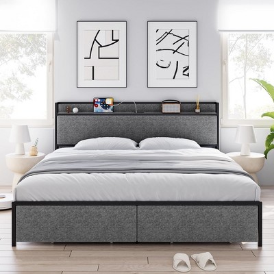 Whizmax Bed Frame with Storage Drawers, Platform Bed Frame with Upholstered Headboard and Outlets, No Box Spring Needed, Easy Assembly, Gray