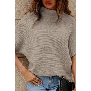 I AM A FASHION JUNKY Coffee Mock Neck Short Batwing Sleeve Sweater Apricot S - 1 of 4