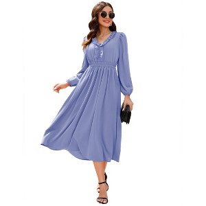 Women's V - Neck Ruffled Long Dress, Elegant Long - Sleeve Maxi Dress with Waist Accent - 1 of 4